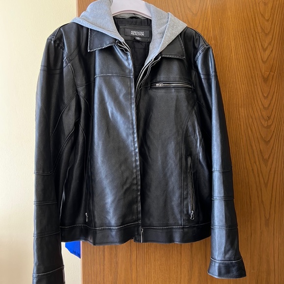Kenneth Cole Reaction Other - Kenneth Cole Reaction Faux Leather Bomber Jacket With fake hoodie underneath